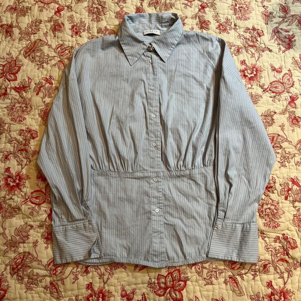 New Sandro Paris Gem Floral light blue cotton vertical pin striped top shirt
